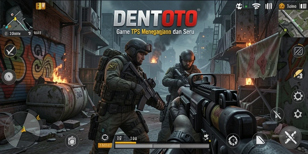Gameplay DENTOTO yang menegangkan dengan aksi tembak-menembak.